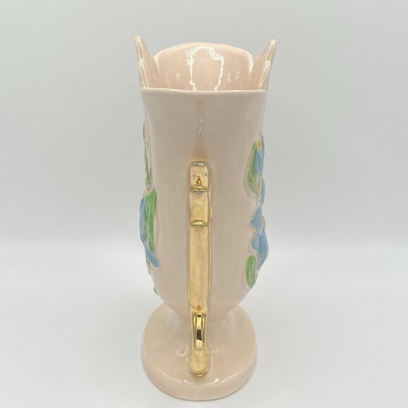 Vintage Hull Pottery Vase USA Art Baby Pink Gold Handles Blue Floral Mid Century - Picture 2 of 10
